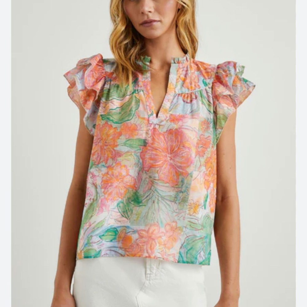 Rails Calista Tropics Flutter Ruffle Sleeveless Blouse Top Floral Women's Small